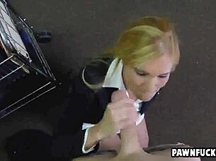 This beautiful blonde professional woman blows a fat dick.