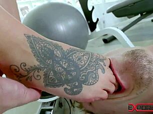 busty babe blows dick in doggystyle position