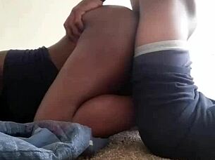 Horny ebony girl fucks on floor