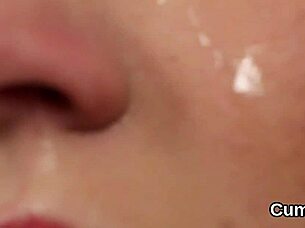 spicy babe in blowbang gets jizz shot on face and eats all the cum