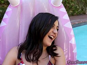 Banged stepdaughters suck and jerk outdoors in taboo 4some