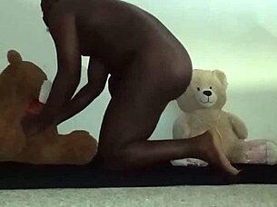 enjoying a wild threesome with furry toy bears, mixing brown and caucasian fun
