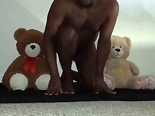enjoying a wild threesome with furry toy bears, mixing brown and caucasian fun