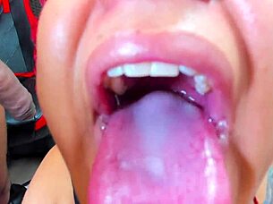 she deepthroats that big black cock until he cums down her throat