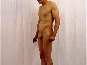 Gay nudist masturbates small hairless cock naked