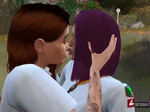 two horny scout monitors finger and lick each other in the forest animation