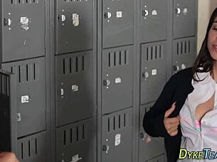 teen lesbians in uniform explore fingering, oral, and group masturbation in threesome