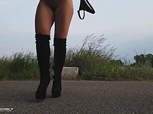 shooting outdoor porn near a roadside with shaved young models
