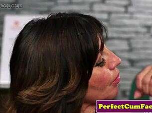 busty british cougar takes deepthroat and big facial.