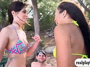 two bikini teens suck monster cocks and get banged in woods 😈