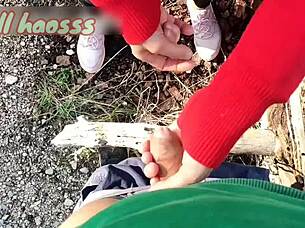 Best risky outdoor handjob leads to public cumshot