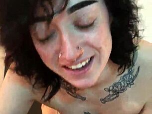 hot tatted petite woman sucking cock from pov