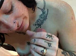 hot tatted petite woman sucking cock from pov