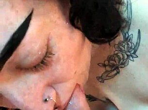 hot tatted petite woman sucking cock from pov