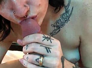 hot tatted petite woman sucking cock from pov