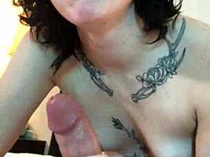 hot tatted petite woman sucking cock from pov
