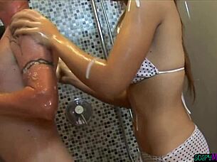 asian masseuse gives relaxing handjob in bath