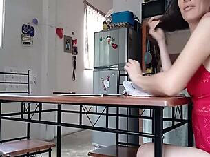 Sexy Latina's Deep Throat Blowjob Interrupts Her Task