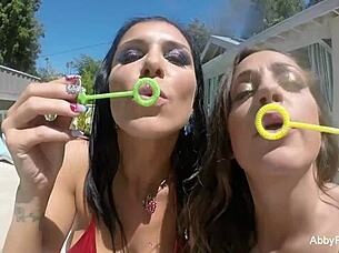 abigail mac and romi rain filming on the set