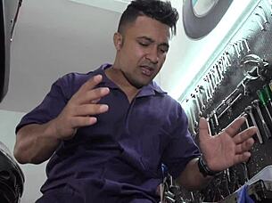 Mechanic fucks tits and ass of muscular bodybuilder.