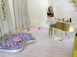 Petite Girl In Bee Costume Licks Honey Sucks Cocks!