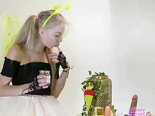 Petite Girl In Bee Costume Licks Honey Sucks Cocks!