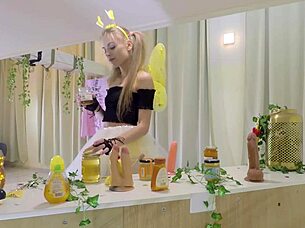 Petite Girl In Bee Costume Licks Honey Sucks Cocks!