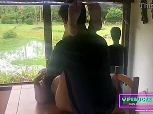 Big boob mamacita gets fucked by the window in the rain.