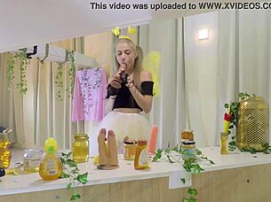 Petite Girl In Bee Costume Licks Honey Sucks Cocks!