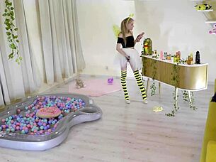 Petite Girl In Bee Costume Licks Honey Sucks Cocks!