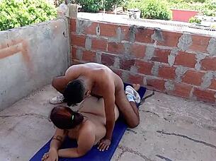 horny wife provokes me on terrace, cum on tits part 2