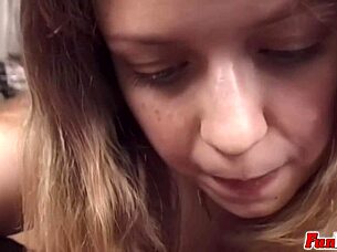 fat chesty woman sucks shaved cock for cum facial