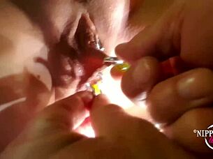 i'm so horny getting these nipple rings stretched on my juicy pussy lips