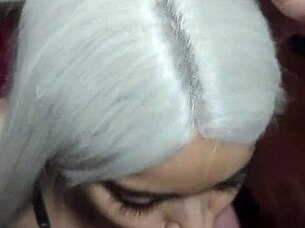 blonde amateur smears lipstick while giving a deep blowjob to a cute teen.