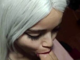 blonde amateur smears lipstick while giving a deep blowjob to a cute teen.