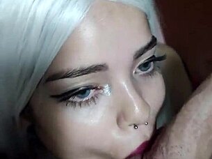 blonde amateur smears lipstick while giving a deep blowjob to a cute teen.