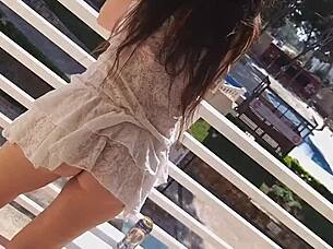 no panties pussy flash at hotel balcony