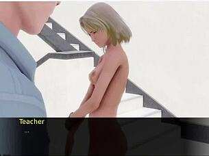 Bold public masturbation in anime hentai game, outdoor humiliation with toys.