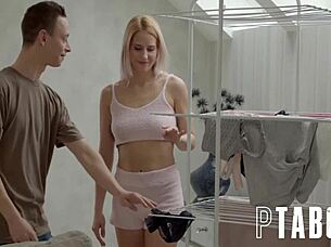 Nikki Nuttz and Amy Douxxx drying clothes with steamy teen action.