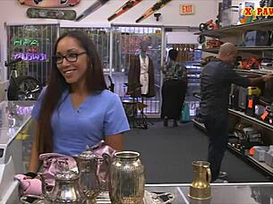 Brunette with Glasses Gives Blowjob at Pawnshop