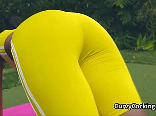 Black chick ends her workout by riding a hard white cock in spandex.