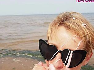 Horny Milf Teaches Blowjob Lessons On The Beach!