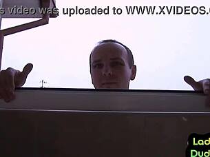 In The Bathroom, Milfs Peg The Guy's Ass.