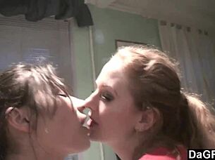 Amateur lesbians kiss and tattoo in kitchen teen fun.