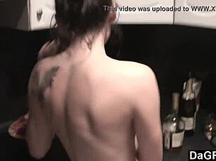 Amateur lesbians kiss and tattoo in kitchen teen fun.