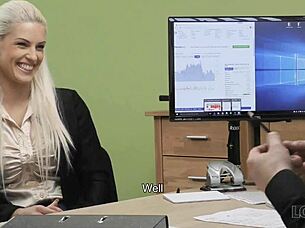 pervert guy uses money to fuck busty blonde in office 😏