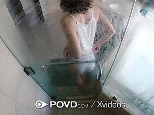 Intense pov fuck in bathroom leads to massive cumshot with raylin ann