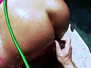 busty blonde spanked in threesome, eager to swallow two loads