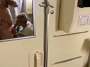 Sucking in the train coupe, blonde wife swallowing cum
