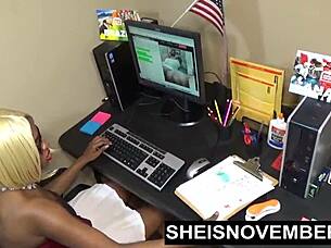 Cute ebony babe surprises white boss with POV blowjob and doggystyle.